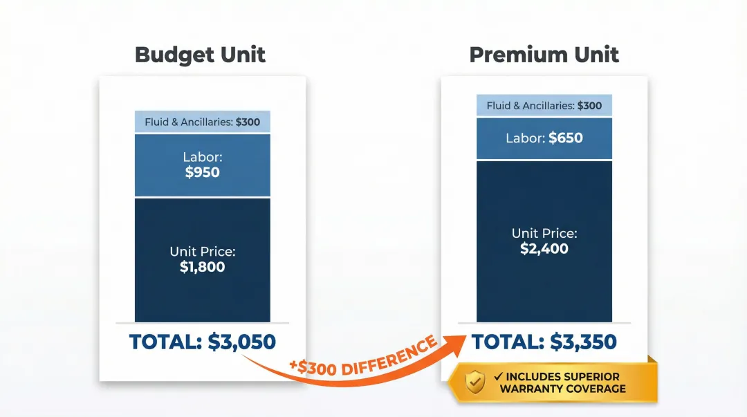 Budget versus premium remanufactured transmission total installed cost breakdown side by side