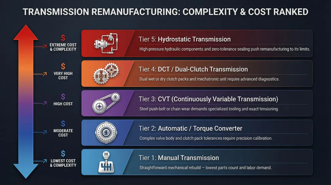 Five transmission types ranked by remanufacturing cost and complexity comparison