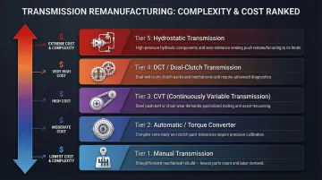 Five transmission types ranked by remanufacturing cost and complexity comparison