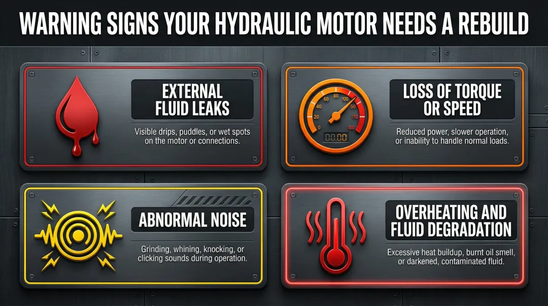 Four hydraulic motor failure warning signs identification infographic