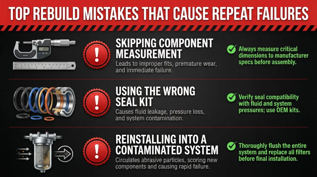 Three critical hydraulic motor rebuild mistakes to avoid checklist infographic