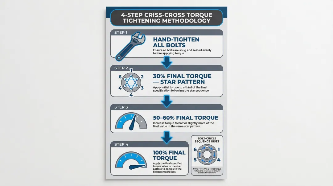 Four-step hydraulic motor bolt torque tightening sequence process infographic