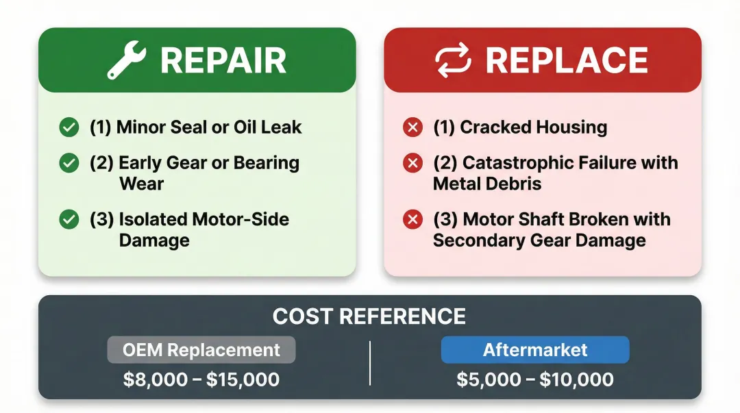 Bulldozer final drive repair versus replacement decision comparison by failure scenario