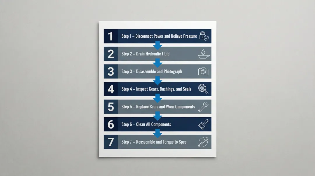 7-step dump truck hydraulic pump mechanical repair process flow diagram