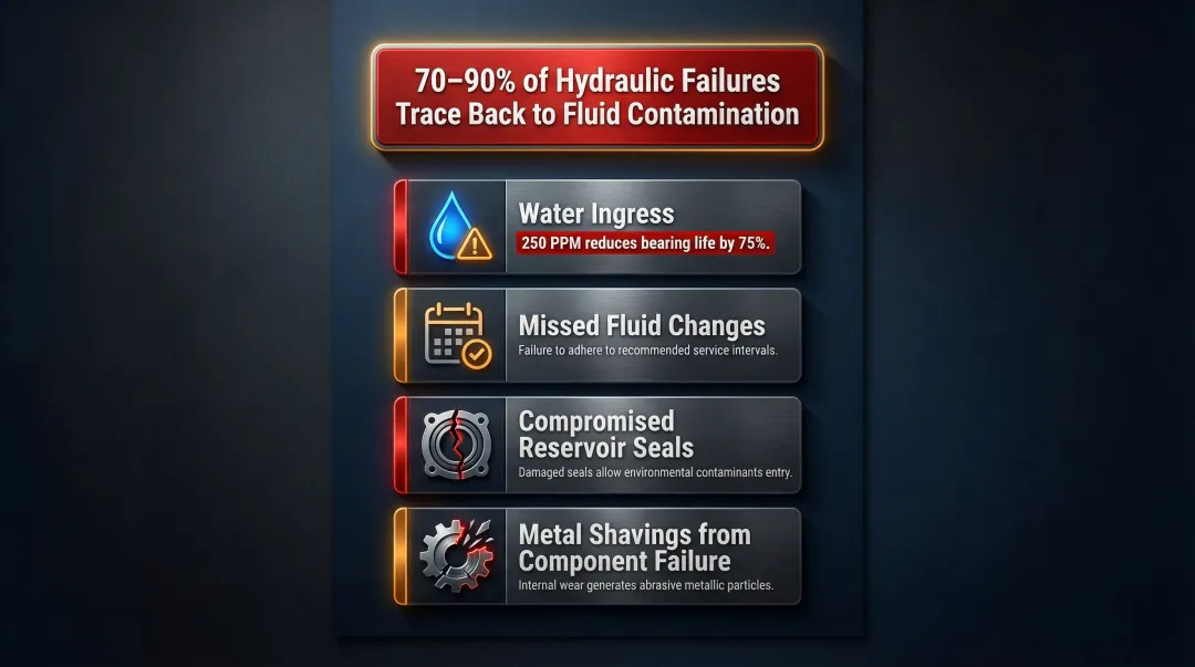 Top five hydraulic oil contamination causes and failure statistics breakdown infographic