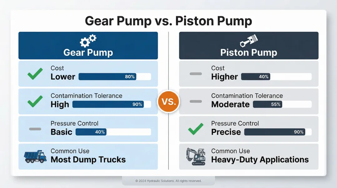 Gear pump versus piston pump side-by-side feature comparison infographic for dump trucks