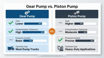 Gear pump versus piston pump side-by-side feature comparison infographic for dump trucks