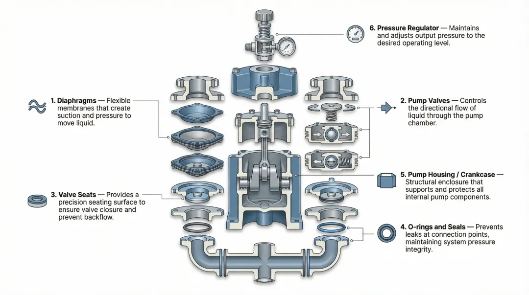 HARDI diaphragm pump key components diagram with labels and descriptions