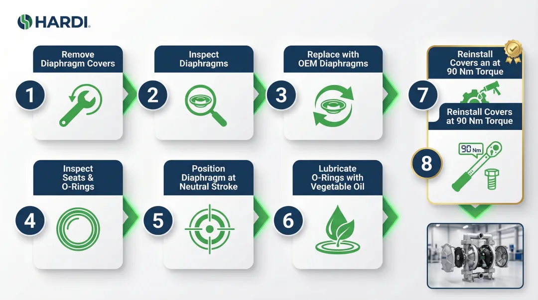8-step HARDI diaphragm replacement procedure process flow infographic