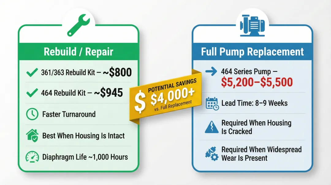 HARDI pump repair versus replacement cost comparison infographic with pricing data