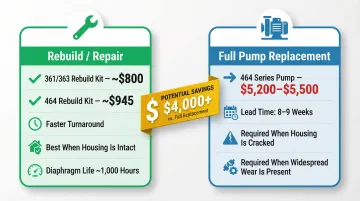 HARDI pump repair versus replacement cost comparison infographic with pricing data