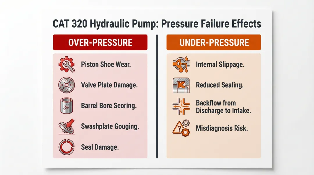 CAT 320 over-pressure versus under-pressure failure modes side-by-side comparison
