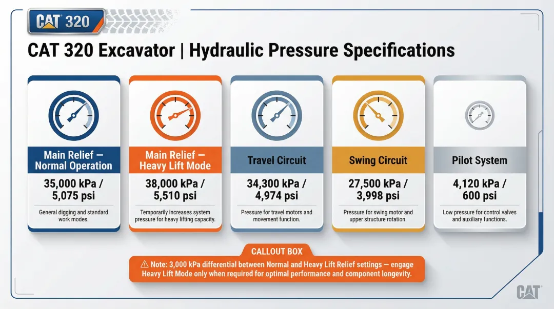 CAT 320 hydraulic pressure specs comparison chart for all circuits