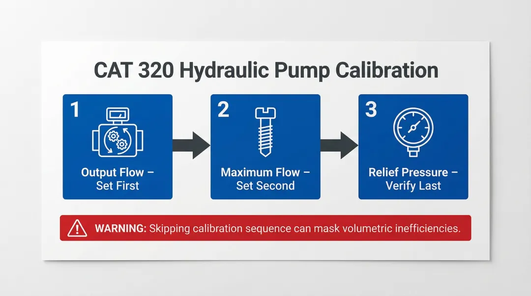 CAT 320 hydraulic pump adjustment three-step required sequence flow diagram