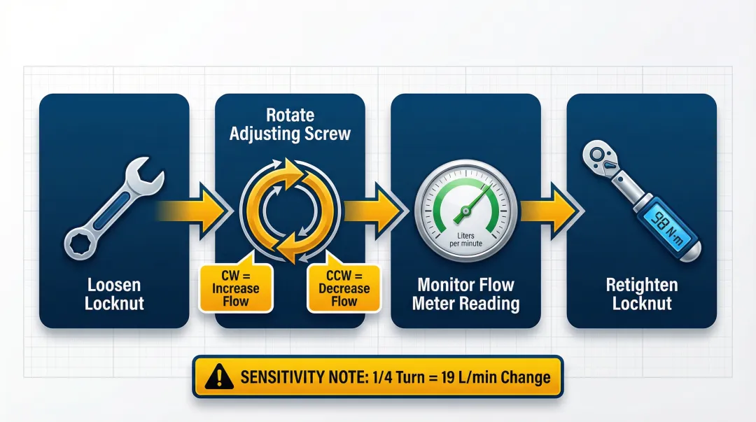 CAT 320 hydraulic pump flow control adjustment 4-step procedure infographic