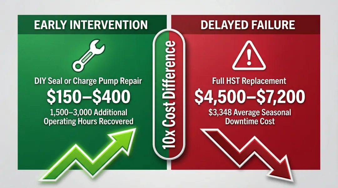 Kubota HST early repair versus delayed replacement cost comparison infographic