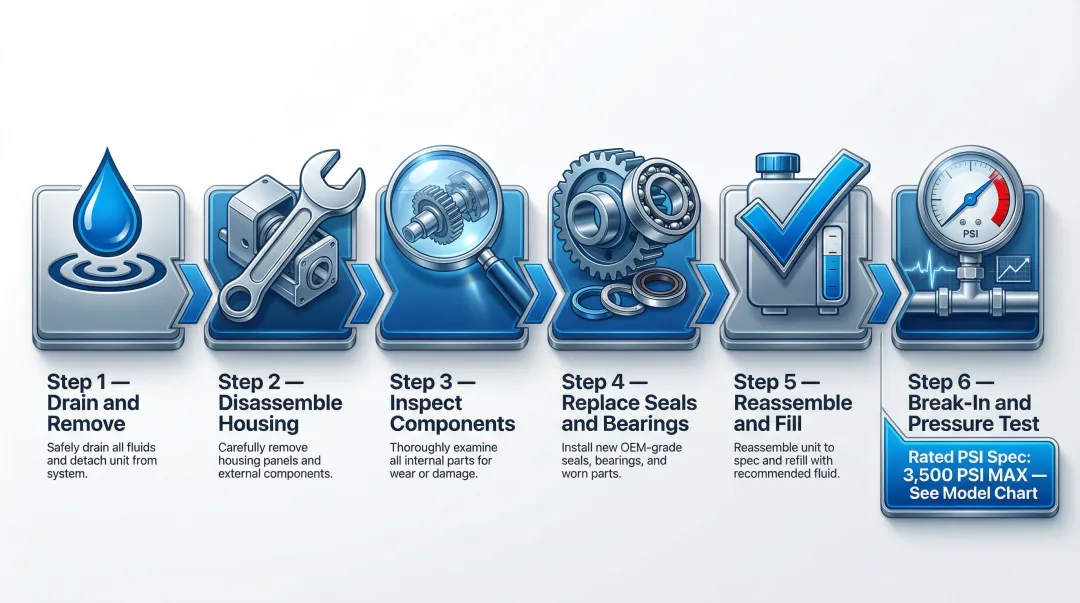 Six-step Kubota hydrostatic transmission rebuild process flow diagram