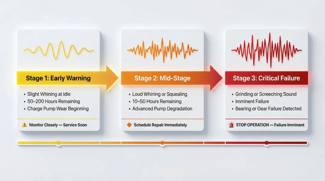 Kubota HST noise progression three-stage failure timeline from whining to grinding