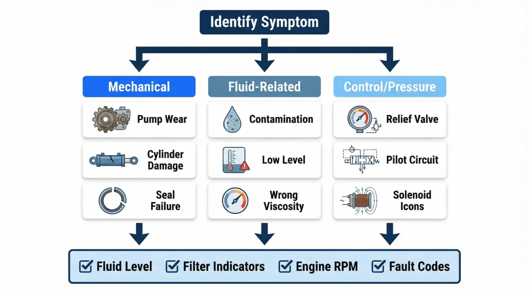 Cat excavator hydraulic troubleshooting three-category diagnostic process flow chart