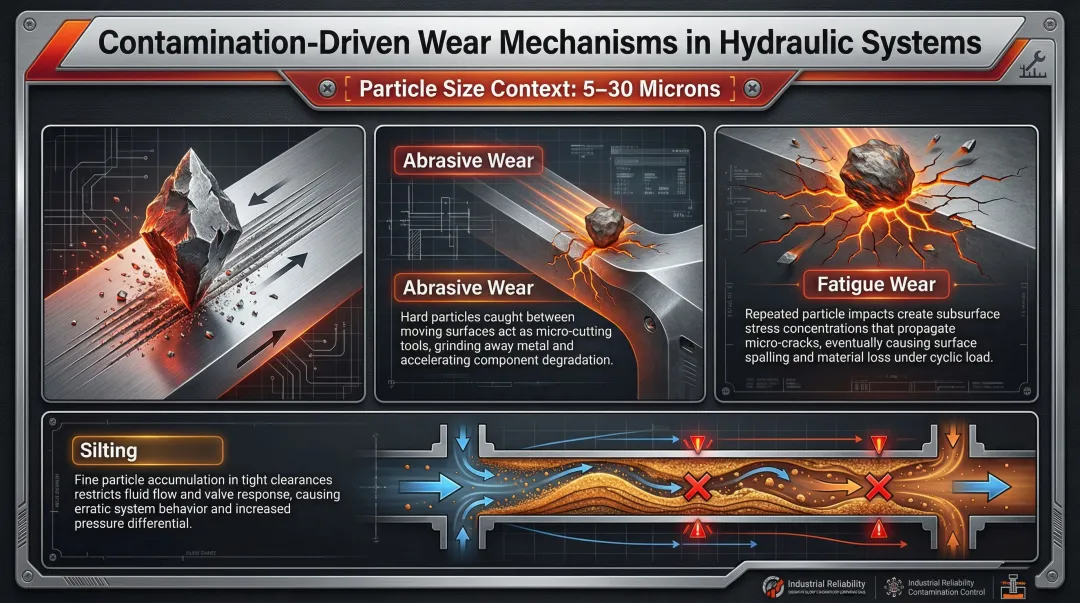 Three hydraulic contamination wear mechanisms abrasive fatigue and silting breakdown
