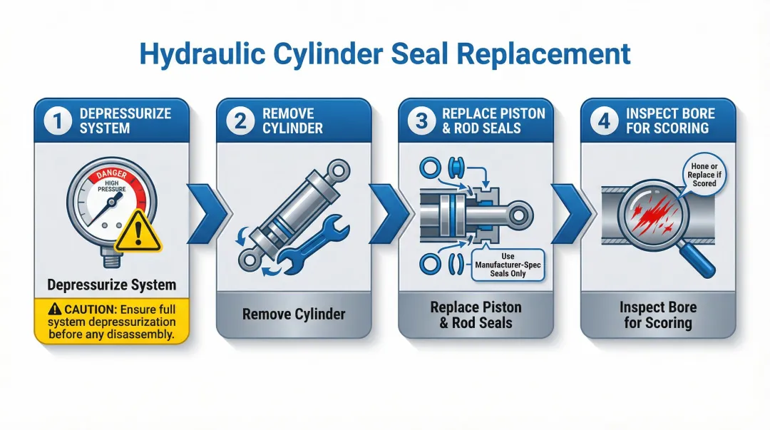 Four-step hydraulic cylinder seal replacement process from depressurize to bore inspection