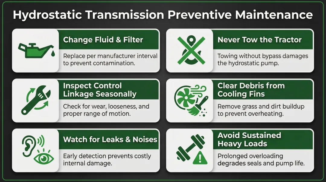 Six preventive maintenance habits to extend hydrostatic transmission lifespan infographic