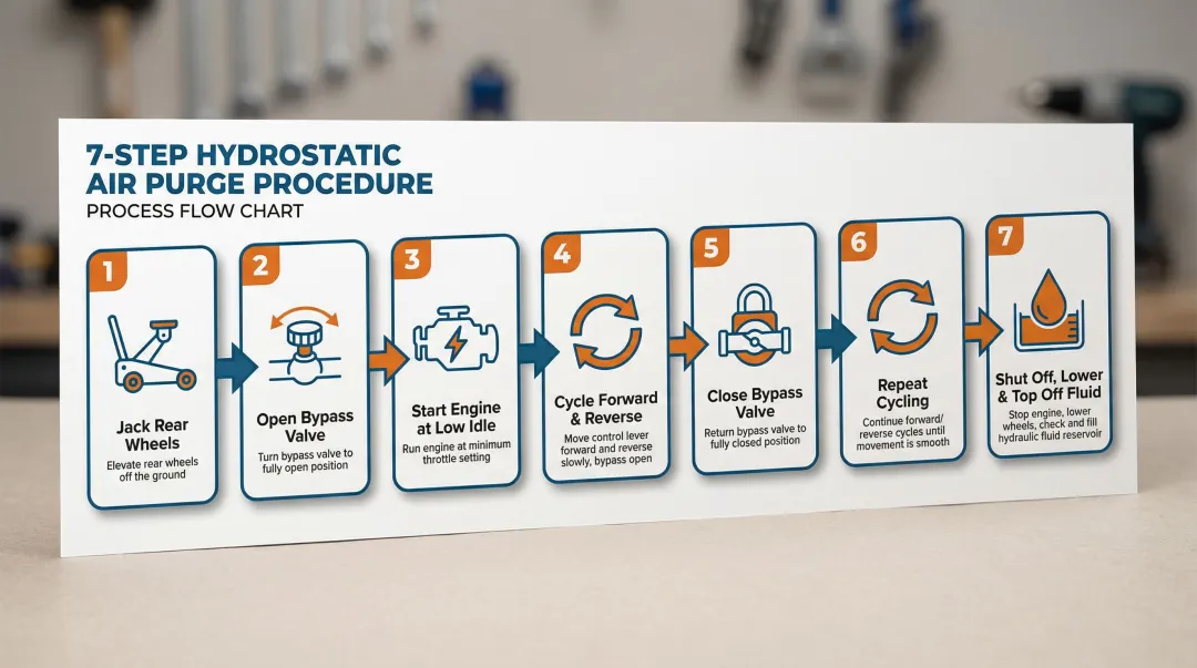 7-step hydrostatic transmission air purge sequence process flow diagram