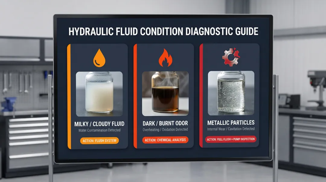 Hydraulic fluid condition diagnostic guide appearance indicators and required actions