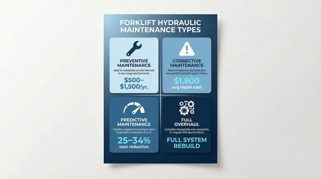 Four types of forklift hydraulic pump maintenance strategies comparison infographic