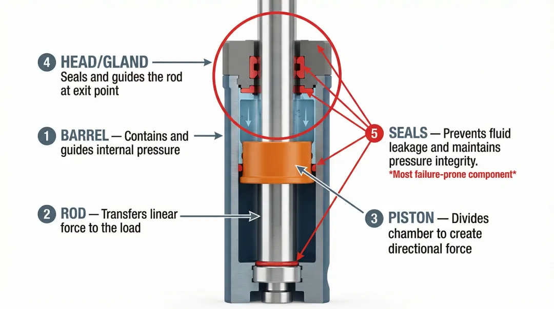 Forklift hydraulic cylinder five core components diagram with labels