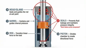 Forklift hydraulic cylinder five core components diagram with labels