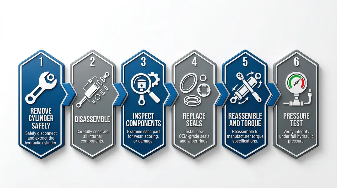 Six-step forklift hydraulic cylinder rebuild process flow infographic