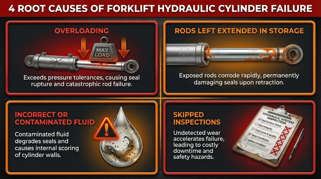 Four root causes of forklift hydraulic cylinder failure prevention infographic