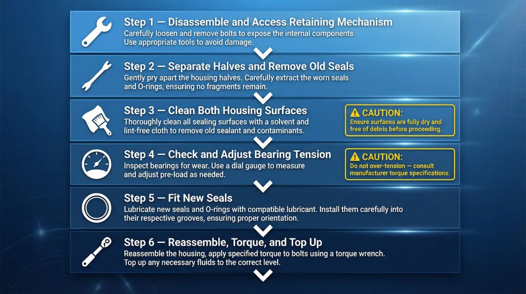Six-step final drive seal replacement process flow from disassembly to leak test
