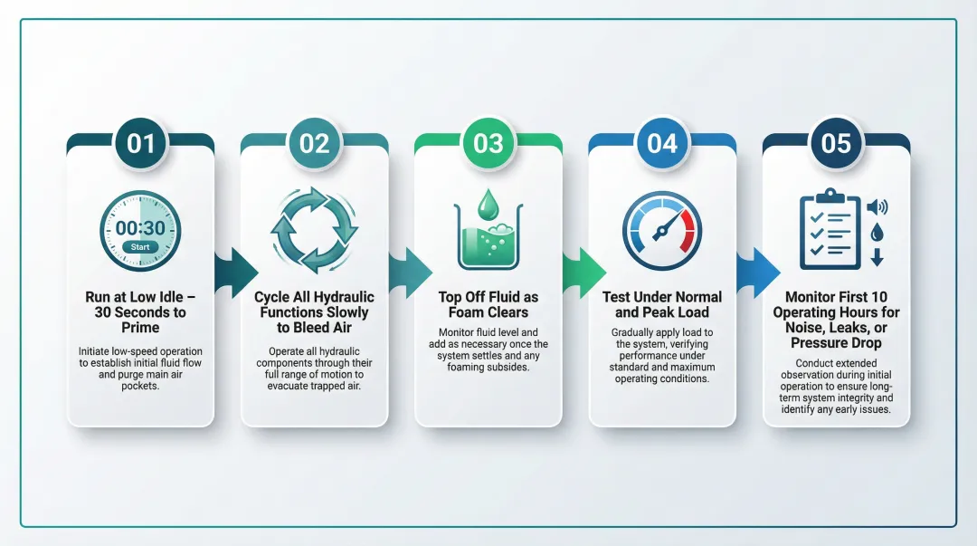 5-step Kubota hydraulic pump reinstallation startup and break-in sequence