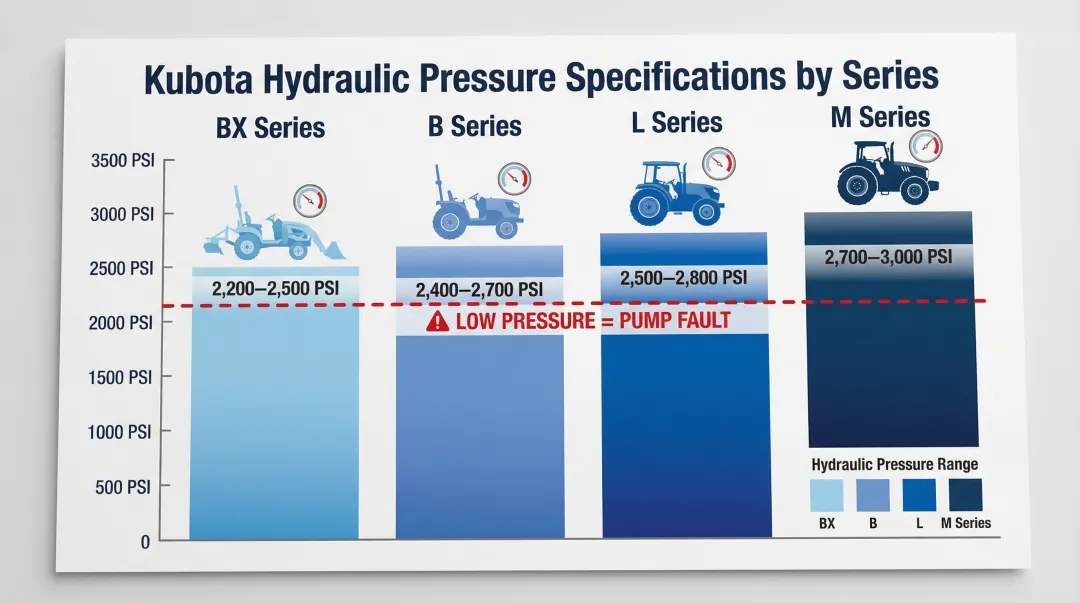 Kubota hydraulic pump pressure ranges by BX B L and M series
