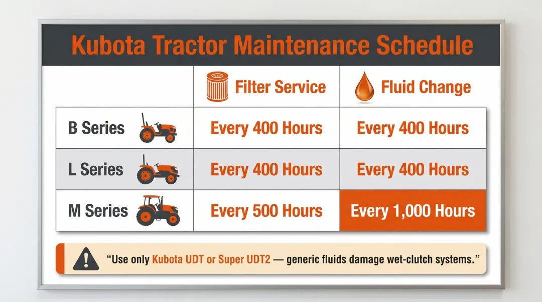 Kubota tractor hydraulic fluid and filter maintenance schedule by series