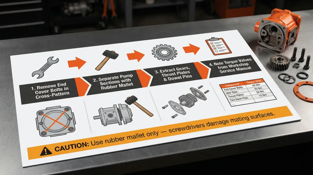 4-step Kubota hydraulic pump disassembly process flow diagram