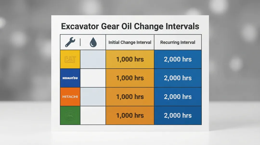 Excavator final drive gear oil change intervals comparison chart by brand