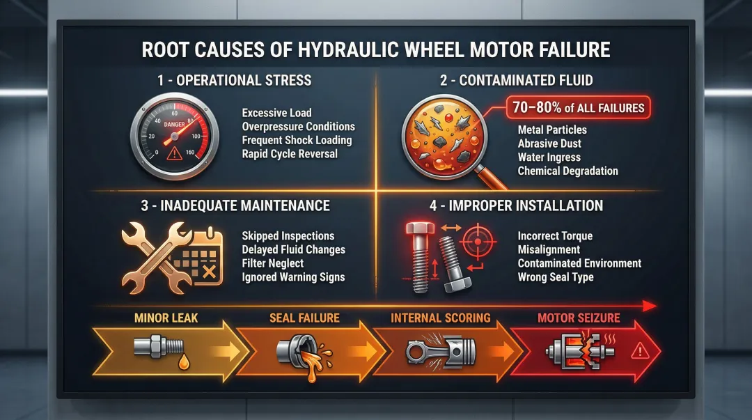 Four root causes of hydraulic wheel motor failure with contamination damage progression