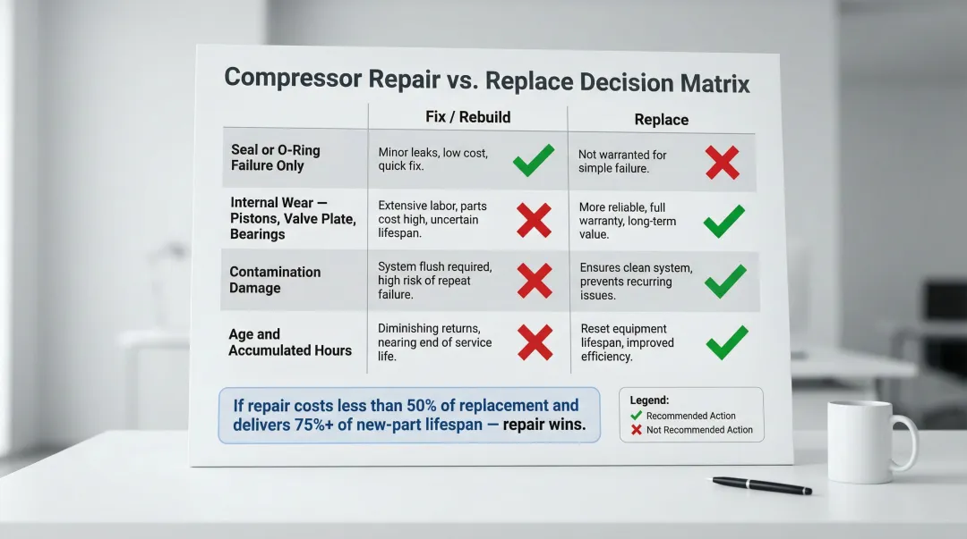 Hydraulic wheel motor fix versus replace decision matrix across four failure scenarios