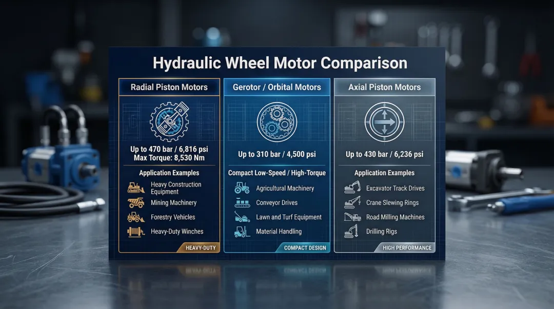 Three hydraulic wheel motor types comparison radial gerotor axial piston designs