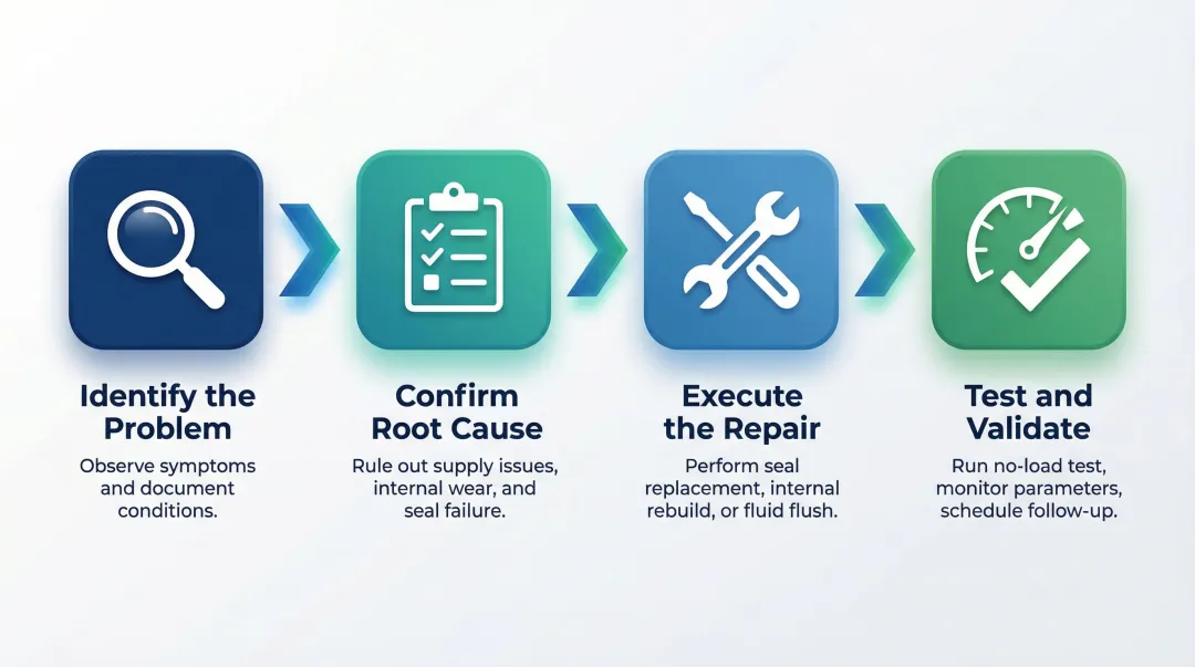 Four-step hydraulic wheel motor repair process from diagnosis to post-repair validation