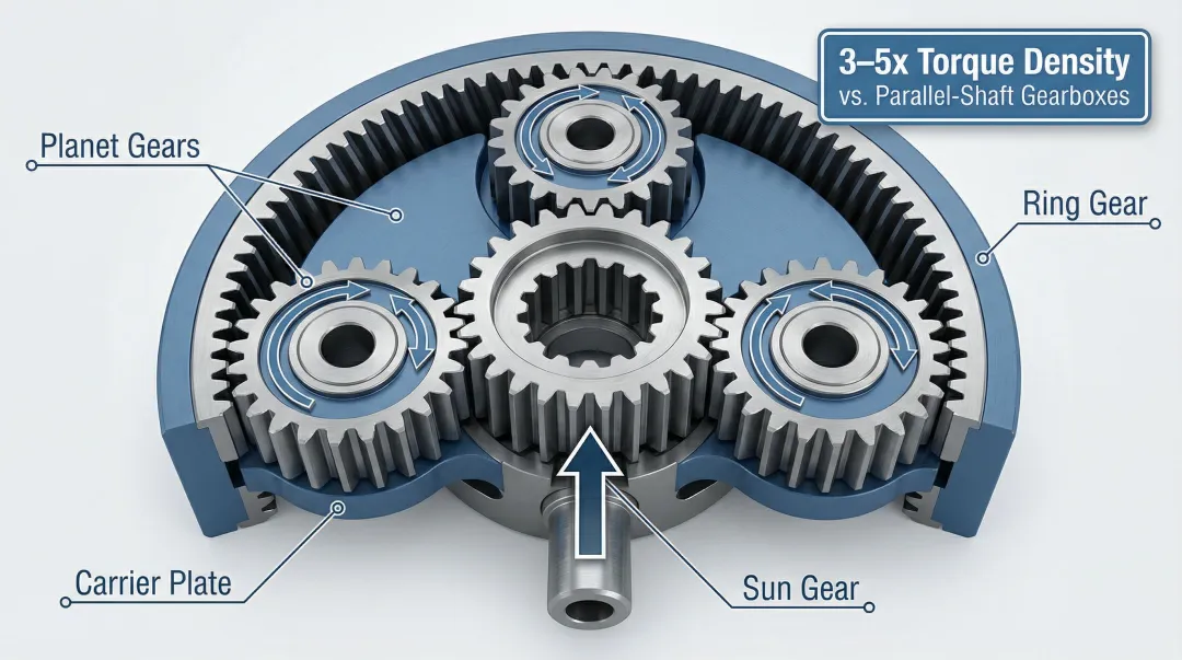 Planetary gear system components showing sun planet and ring gear torque distribution