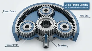 Planetary gear system components showing sun planet and ring gear torque distribution