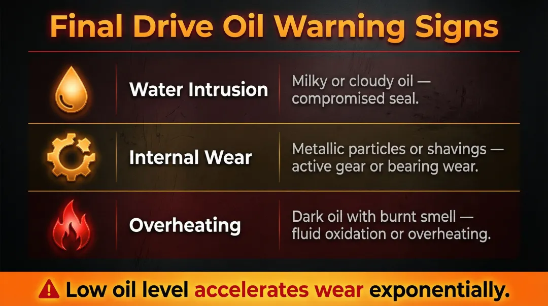 Three final drive oil contamination warning signs with symptoms and causes breakdown
