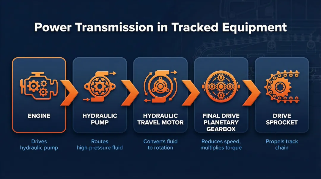 5-step power flow from engine to track sprocket in tracked heavy equipment
