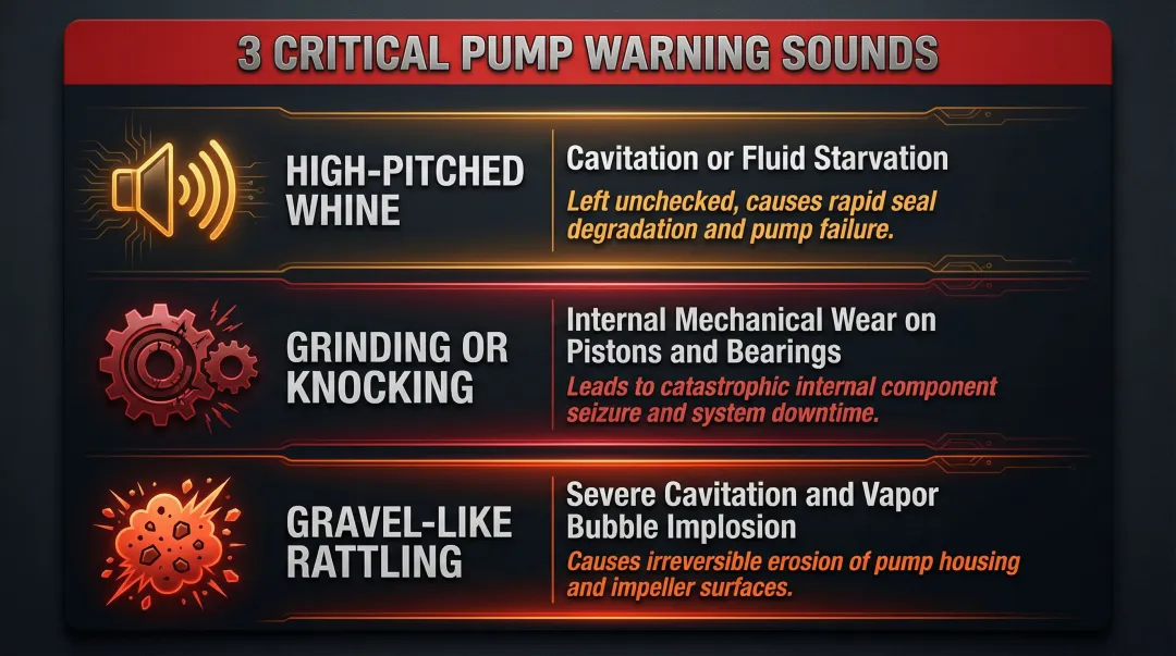 Three excavator hydraulic pump warning sounds cavitation wear and grinding explained