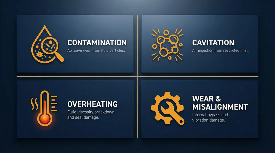 Four root causes of excavator hydraulic pump failure contamination cavitation overheating wear