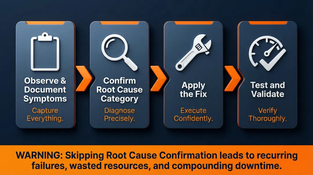 Four-step hydraulic piston pump troubleshooting and repair validation process flow